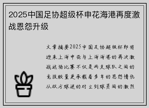 2025中国足协超级杯申花海港再度激战恩怨升级